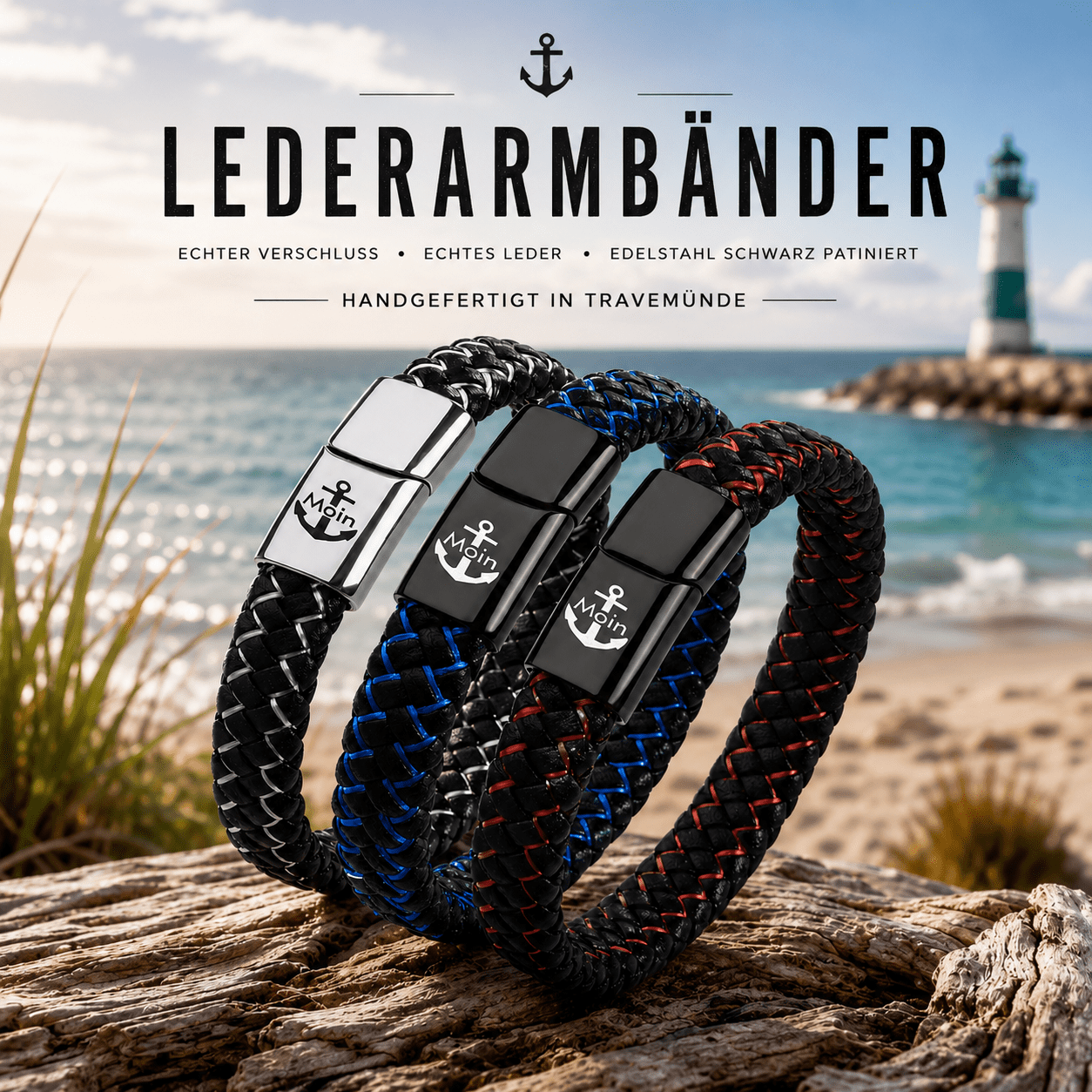 lederarmband1 Lederarmband in 3 verschiedenen Farben und 3 Größen, Edelstahlschließe schwarz – Bild 1