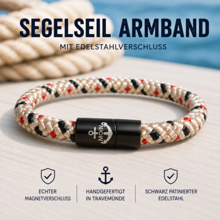 Segelseil Armband Beige Rot Schwarz mit Moin-Anker Magnetverschluss handgefertigt in Travemünde
