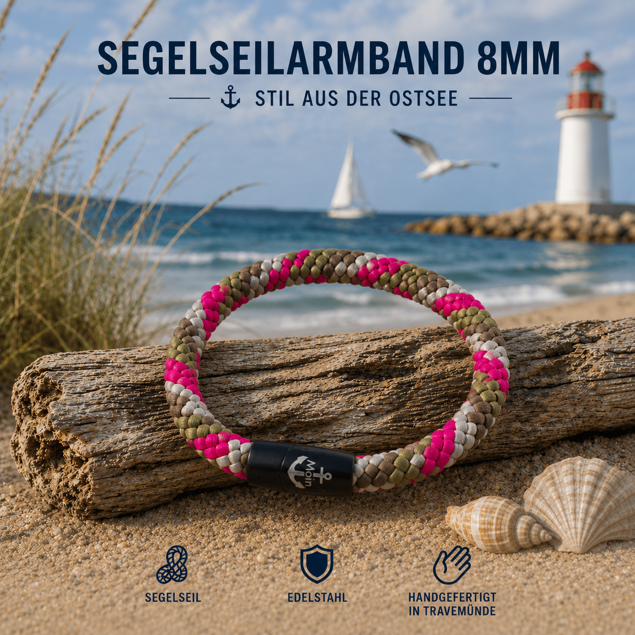Lila1 Segelseilarmband Kiel Pink/Olive 8 mm – Maritimes Armband mit Magnetverschluss – Handgefertigt in Travemünde – Bild 1